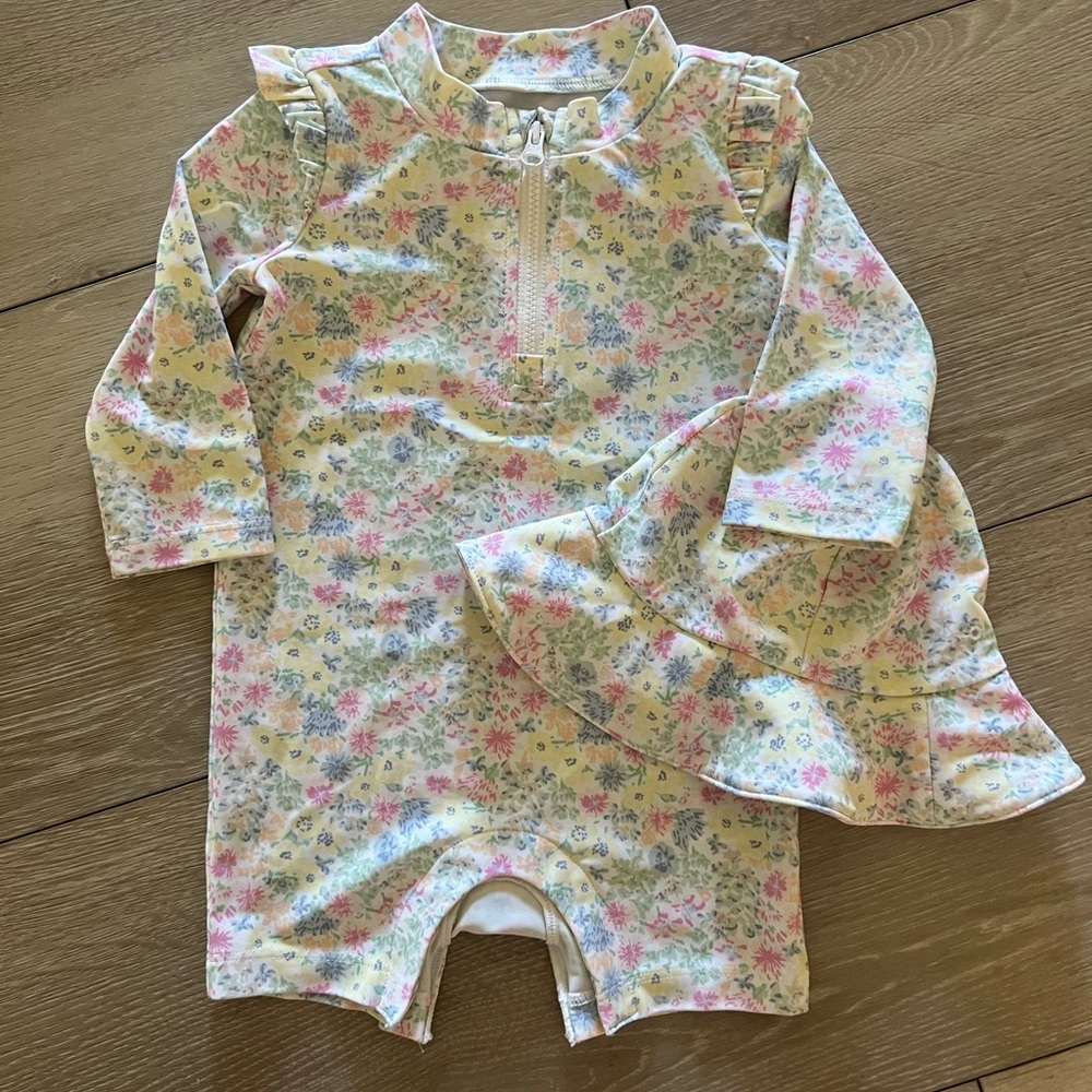 GAP Floral Kids Swim One Piece and matching hat - Pink and Yellow
